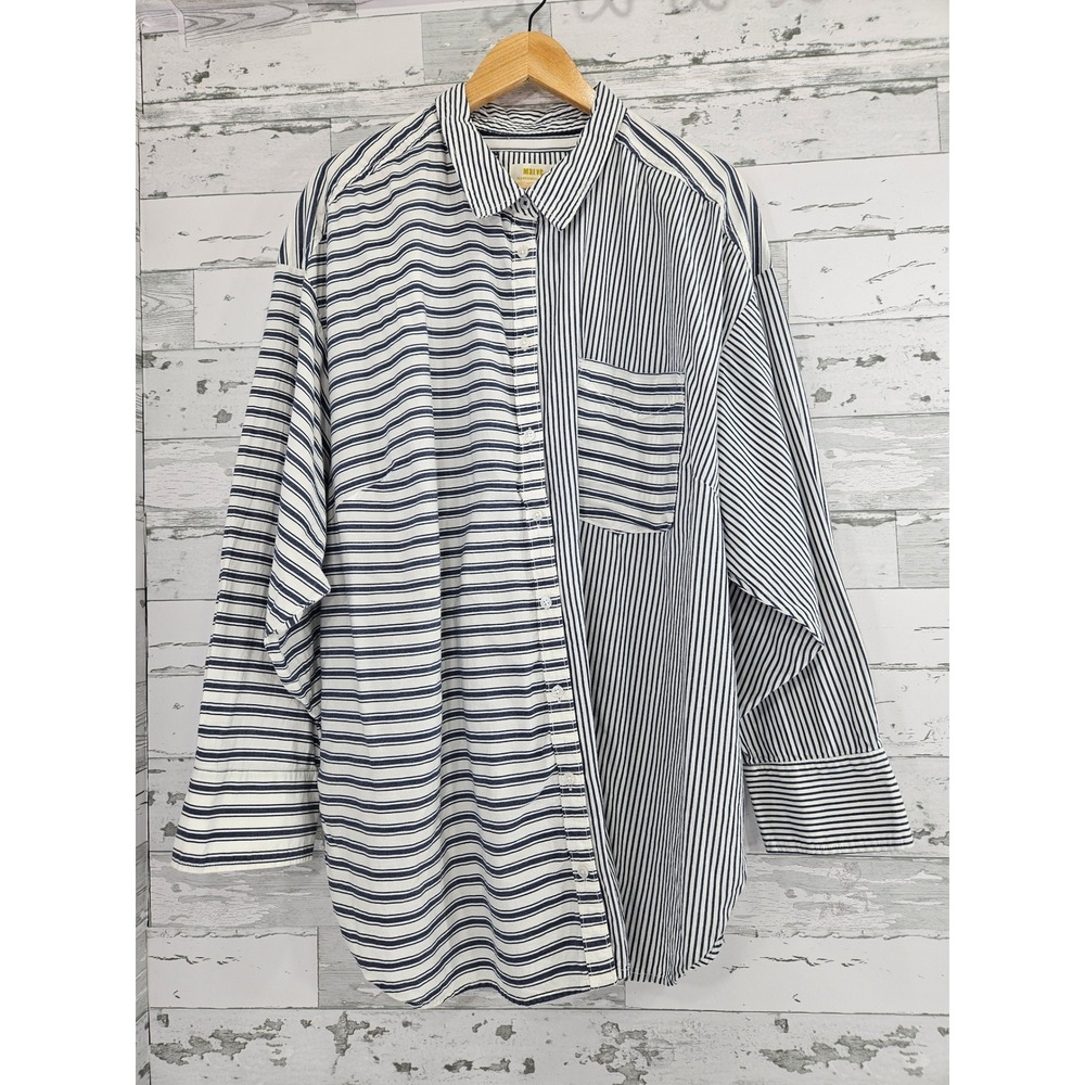 Maeve by Anthropologie Women 3X Striped Button Down Shirt Navy White Mixed Top